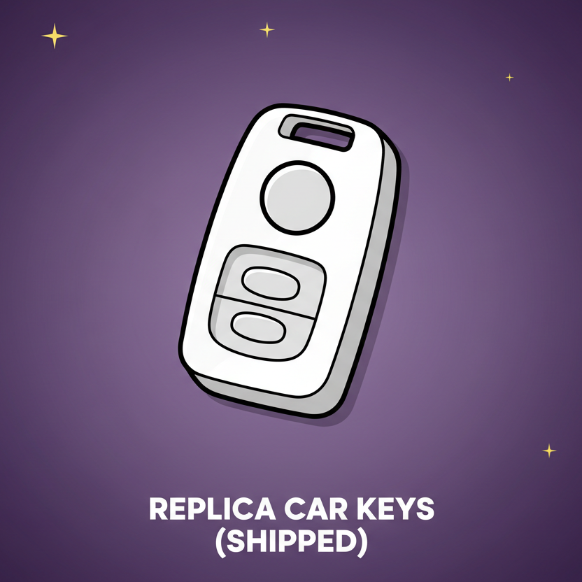 Create a clean, cartoony digital illustration with bold outlines and flat shading. Use a deep purple space-style gradient background with small scattered stars. Place a simplified, minimalistic cartoon a few supercar key in the center—large rounded shapes, smooth white and gray tones, and soft shadows for subtle depth, matching the style of the Beats Max example. At the very bottom of the image, include bold white capital text, centered inside the canvas, using this exact format:
Replica Car Keys
(SHIPPED)