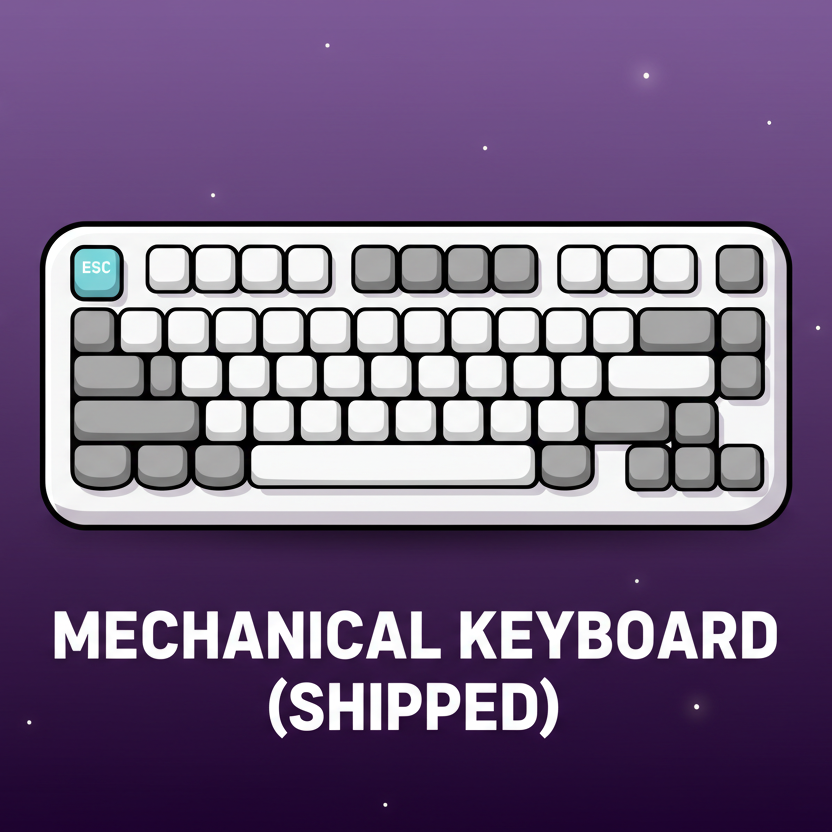 Create a clean, cartoony digital illustration with bold outlines and flat shading. Use a deep purple space-style gradient background with small scattered stars. Place a simplified, minimalistic cartoon keyboard in the center—large rounded shapes, smooth white and gray tones, and soft shadows for subtle depth, matching the style of the Beats Max example. At the very bottom of the image, include bold white capital text, centered inside the canvas, using this exact format:
Mechanical Keyboard
(SHIPPED)