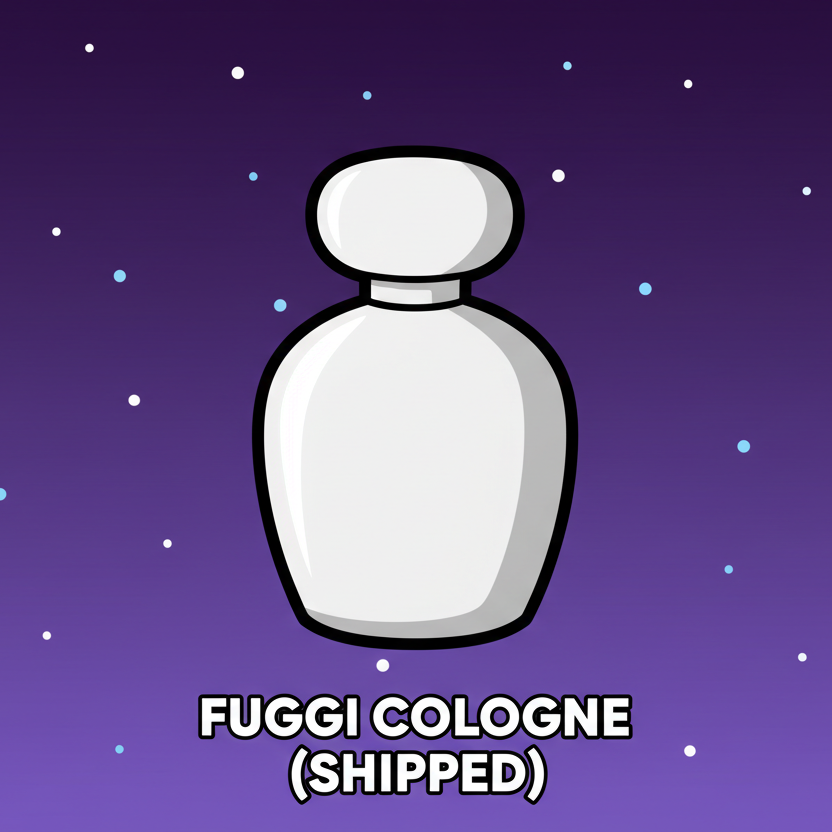 Create a clean, cartoony digital illustration with bold outlines and flat shading. Use a deep purple space-style gradient background with small scattered stars. Place a simplified, minimalistic cartoon cologne bottle in the center—large rounded shapes, smooth white and gray tones, and soft shadows for subtle depth, matching the style of the Beats Max example. At the very bottom of the image, include bold white capital text, centered inside the canvas, using this exact format:
Fuggi Cologne
(SHIPPED)