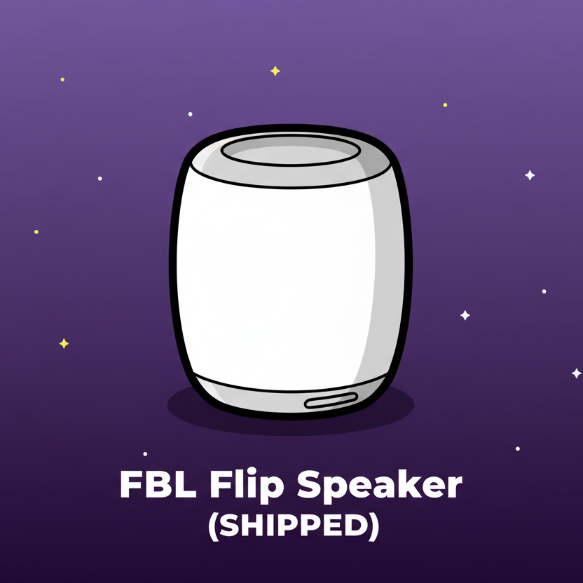 Create a clean, cartoony digital illustration with bold outlines and flat shading. Use a deep purple space-style gradient background with small scattered stars. Place a simplified, minimalistic cartoon cylender speaker in the center—large rounded shapes, smooth white and gray tones, and soft shadows for subtle depth, matching the style of the Beats Max example. At the very bottom of the image, include bold white capital text, centered inside the canvas, using this exact format:
FBL Flip Speaker
(SHIPPED)