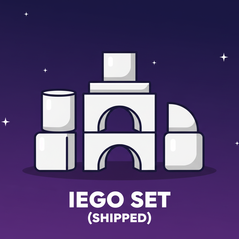 Create a clean, cartoony digital illustration with bold outlines and flat shading. Use a deep purple space-style gradient background with small scattered stars. Place a simplified, minimalistic cartoon toy building blocks in the center—large rounded shapes, smooth white and gray tones, and soft shadows for subtle depth, matching the style of the Beats Max example. At the very bottom of the image, include bold white capital text, centered inside the canvas, using this exact format:

Iego Set
(SHIPPED)