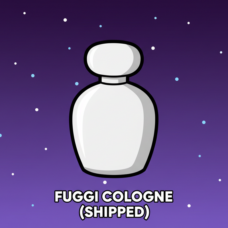Create a clean, cartoony digital illustration with bold outlines and flat shading. Use a deep purple space-style gradient background with small scattered stars. Place a simplified, minimalistic cartoon cologne bottle in the center—large rounded shapes, smooth white and gray tones, and soft shadows for subtle depth, matching the style of the Beats Max example. At the very bottom of the image, include bold white capital text, centered inside the canvas, using this exact format:

Fuggi Cologne
(SHIPPED)
