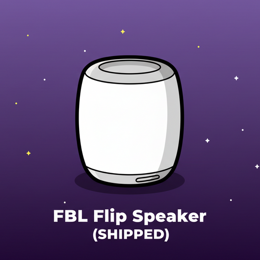 Create a clean, cartoony digital illustration with bold outlines and flat shading. Use a deep purple space-style gradient background with small scattered stars. Place a simplified, minimalistic cartoon cylender speaker in the center—large rounded shapes, smooth white and gray tones, and soft shadows for subtle depth, matching the style of the Beats Max example. At the very bottom of the image, include bold white capital text, centered inside the canvas, using this exact format:

FBL Flip Speaker
(SHIPPED)