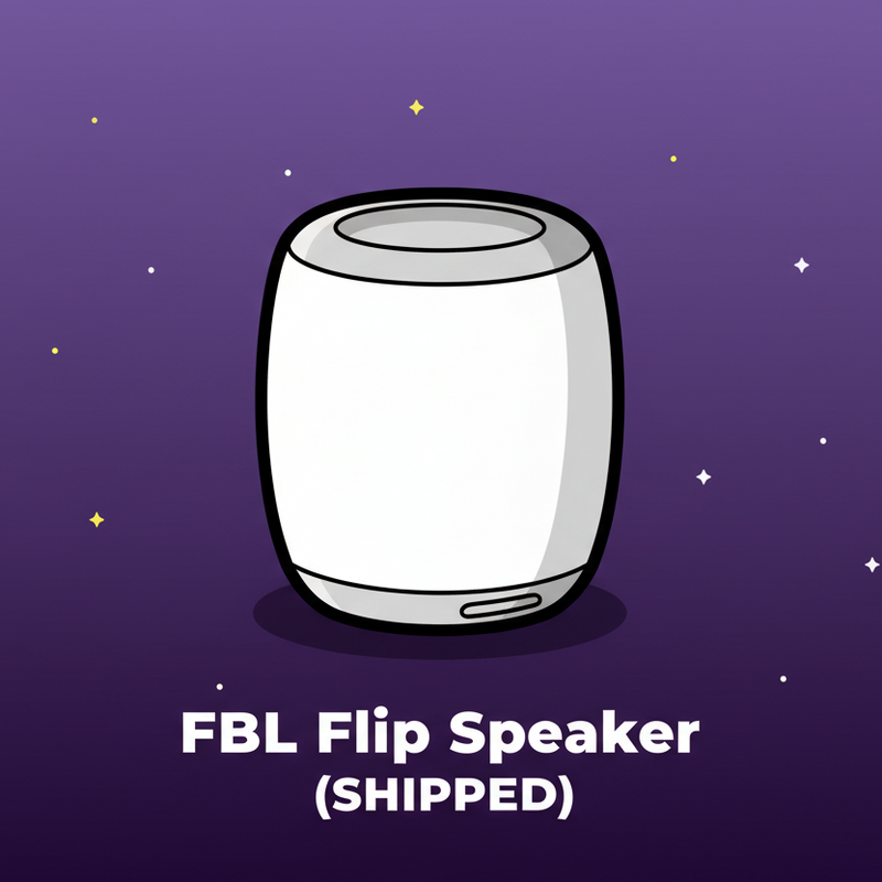 Create a clean, cartoony digital illustration with bold outlines and flat shading. Use a deep purple space-style gradient background with small scattered stars. Place a simplified, minimalistic cartoon cylender speaker in the center—large rounded shapes, smooth white and gray tones, and soft shadows for subtle depth, matching the style of the Beats Max example. At the very bottom of the image, include bold white capital text, centered inside the canvas, using this exact format:

FBL Flip Speaker
(SHIPPED)